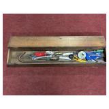 VINTAGE 36" WOODEN TOOLBOX WITH SEVERAL TOOLS