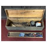 VINTAGE 34"  WOODEN TOOLBOX WITH SOME TOOLS