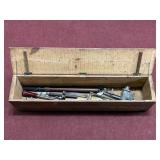 VINTAGE 38" WOODEN TOOLBOX WITH CLAMPS, ETC.