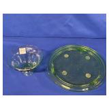 GREEN GLASS ETCHED CAKE STAND AND CANDY DISH