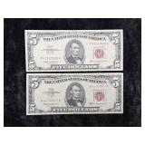 (2) US FEDERAL RESERVE $5.00 RED CERTIFICATES
