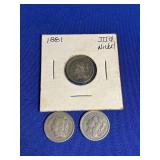 (3) THREE CENT PIECES: 1868, 1865 & 1881