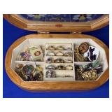 WOODEN JEWELRY BOX FILLED W/ COSTUME JEWELRY