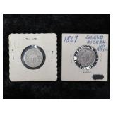 1867 & UNMARKED SHIELD NICKELS