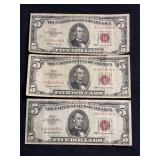 (3) U.S. FEDERAL RESERVE FIVE DOLLAR RED SEAL NOTE