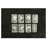 (8) 1 GRAM .999 FINE SILVER BARS: TRUMP, ELEPHANT,
