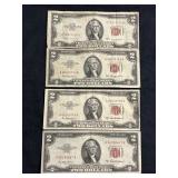 (4) U.S. FEDERAL RESERVE TWO DOLLAR BILL RED SEALS