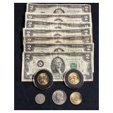 (7) U.S. FED TWO DOLLAR BILLS, 1901 V NICKEL, 1977