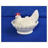 MILK GLASS HEN ON A NEST WITH RED COMB APPROX 8"