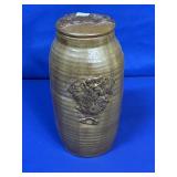 SIGNED STONEWARE WITH LID & APPLIED CLAY DECOR