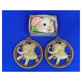 CHALKWARE ELEPHANT & (PAIR) WOODEN DECORATIONS