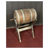 OAK BARREL ON STAND WITH CRANK BUTTER CHURN
