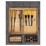 (3) STEELCRAFT WOOD CHISELS, (3) SEARS PLASTIC