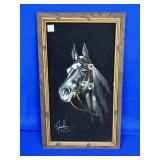 VINTAGE HORSE PAINTED ON VELVET APPROX 23" X 13.5"