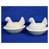 (PAIR) MILK GLASS HEN ON A NESTS *UNMARKED*