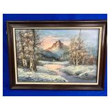 OIL ON CANVAS SNOWY WATER AND MOUNTAIN SCENE