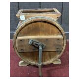 VINTAGE WOODEN BARREL BUTTER CHURN APPROX 15"