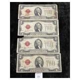 (4) RED SEAL TWO DOLLAR BILLS U.S. RESERVE