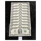 (10) CONSECUTIVE UNC TWO DOLLAR BILLS U.S. RESERVE
