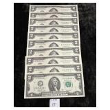 (10) CONSECUTIVE TWO DOLLAR BILLS U.S. FED RESERVE