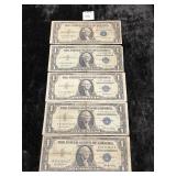 (5) ONE DOLLAR SILVER CERTIFICATES U.S. FED NOTES