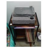 VICTROLA RECORD PLAYER, ALBUMS AND MEDIA STAND