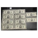 (10) FIVE DOLLAR BILLS US FED NOTES