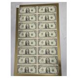UNCUT SHEET OF (16) ONE DOLLAR BILLS US FED NOTES