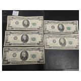 (5) TWENTY DOLLAR BILLS US FED NOTES