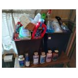 (2) PLASTIC GARBAGE CANS WITH CLEANING SUPPLIES,
