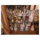 BOTTOM (2) GLASS SHELVES: DECORATIVE BELLS (PEWTER
