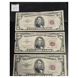 (3) RED SEAL FIVE DOLLAR BILLS US FED NOTES (ONE