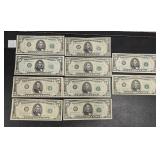 (10) FIVE DOLLAR BILLS US FED NOTES -ONE STAR NOTE