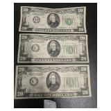 (3) TWENTY DOLLAR BILLS US FED NOTES SERIES 1934