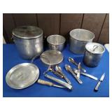ALUMINUM MESS KIT WITH SILVERWARE, PLATES, ETC.