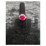 14K RING WITH RED STONE & DIAMONDS SIZE 8