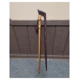 (2) WOODEN HAND CARVED WALKING STICKS APPROX 36'