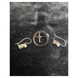 STERLING SILVER PIN W/CROSS & PEARL STYLE EARRINGS