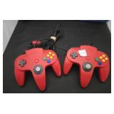 (2) RED NINTENDO 64 CONTROLLERS