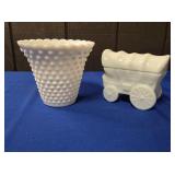 WHITE HOBNAIL VASE & MILK GLASS COVERED WAGON