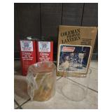 (2 PARTIAL) COLEMAN FUEL CANS & (2) LANTERN GLOBES