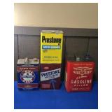 (2) FULL ANTI-FREEZE CANISTERS & (2) EMPTY PAINT