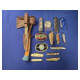 HATCHET/KNIFE COMBO, (2) BELT BUCKLES, COMPASS,
