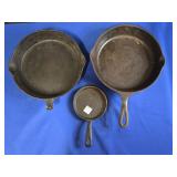 (3) CAST IRON SKILLETS: UNMARKED 5" DIAMETER,