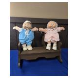 WOODEN BENCH WITH (2) CABBAGE PATCH DOLLS