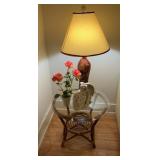 Two glass end tables with contents