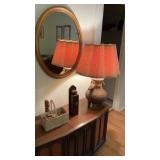 Lamp with long stem, matches, and basket decor