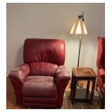 Recliner, small end table, and tall lamp lot