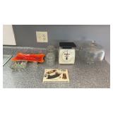 Miscellaneous kitchen, glassware, scale, and knife