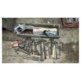 Large wooden toolbox, fuel, nozzles,  hand tools